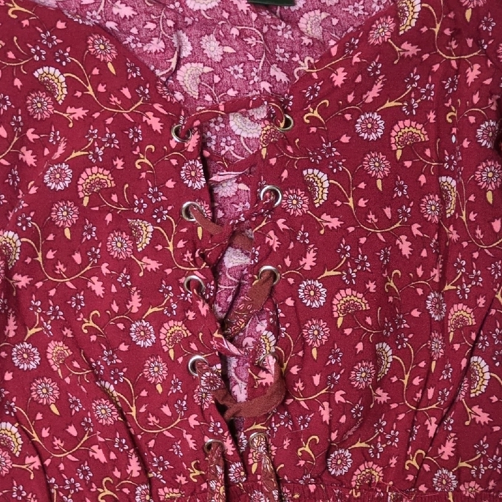 Front Lace Up Long Sleeve Tiered allover Boho Red Floral Women's Maxi Dress S - Picture 6 of 9